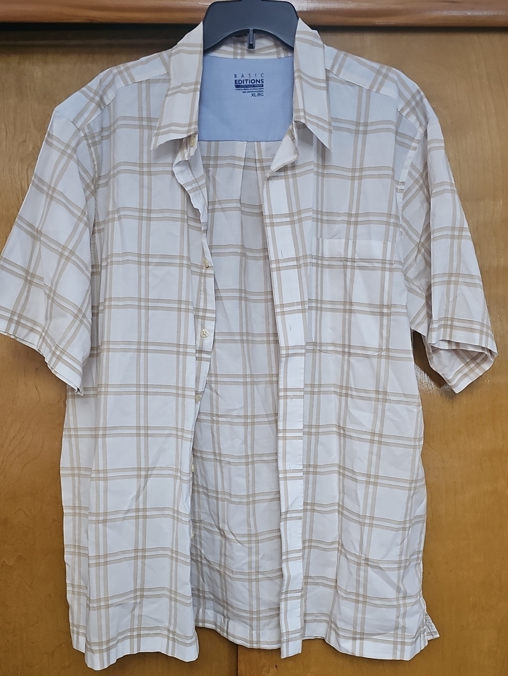 Basic Editions Cream and Tan Plaid Short-Sleeve Button-Down Shirt